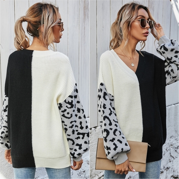 Melody Leopard Colorblock Sweater  - White/Black - Picture 2 of 5